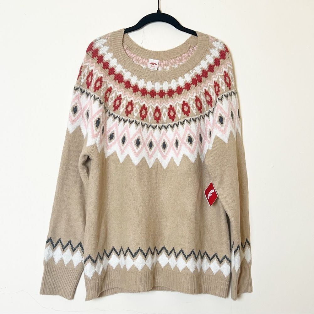 Holiday Time Ugly Pretty Fair Isle Christmas Winter Sweater, XL Tan/Pink NWT